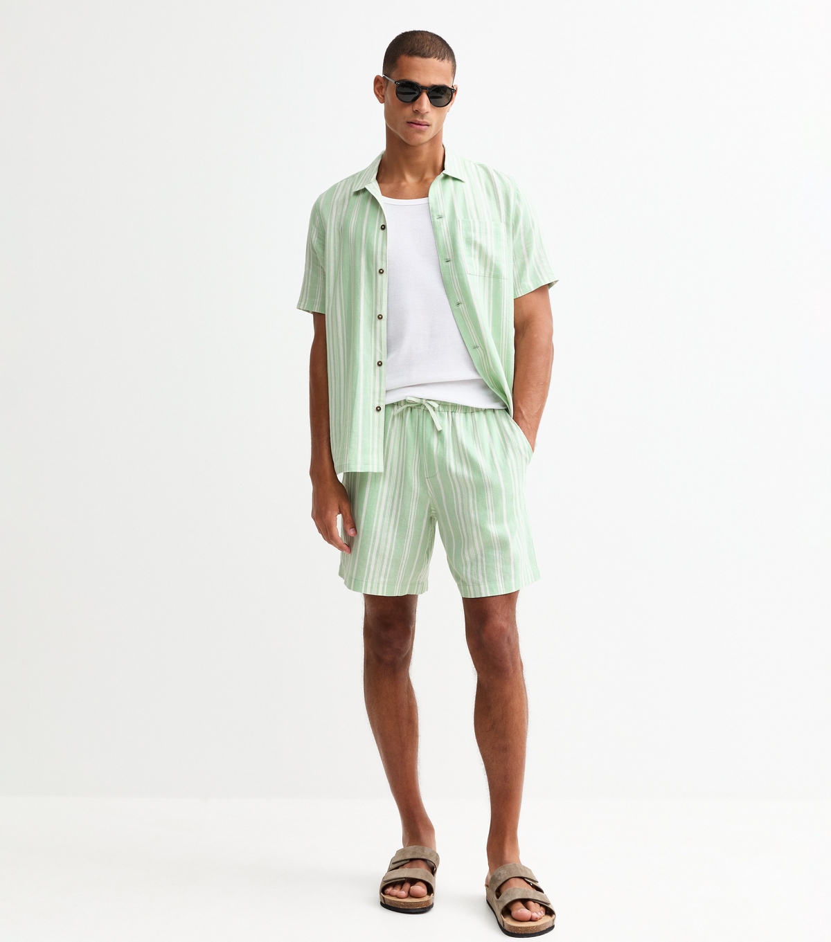 Men's Green Regular Linen Blend Striped Shorts New Look
