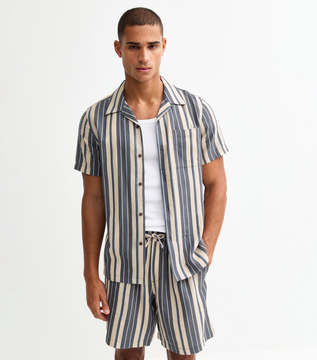 Men's Blue Regular Linen Blend Striped Shorts New Look