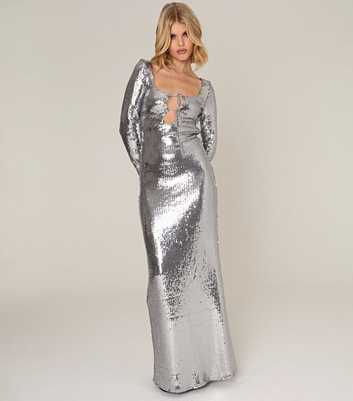 WKNDGIRL Silver Sequin Long Sleeve Maxi Dress