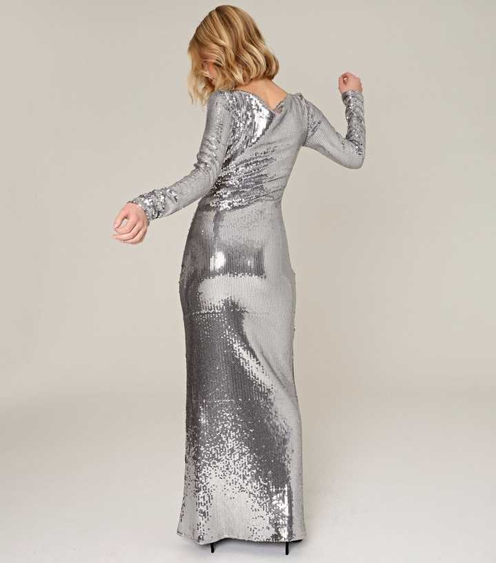 silver glitter maxi dress Sparkling Silver Sequin Maxi Dress, Sleeveless Glamour