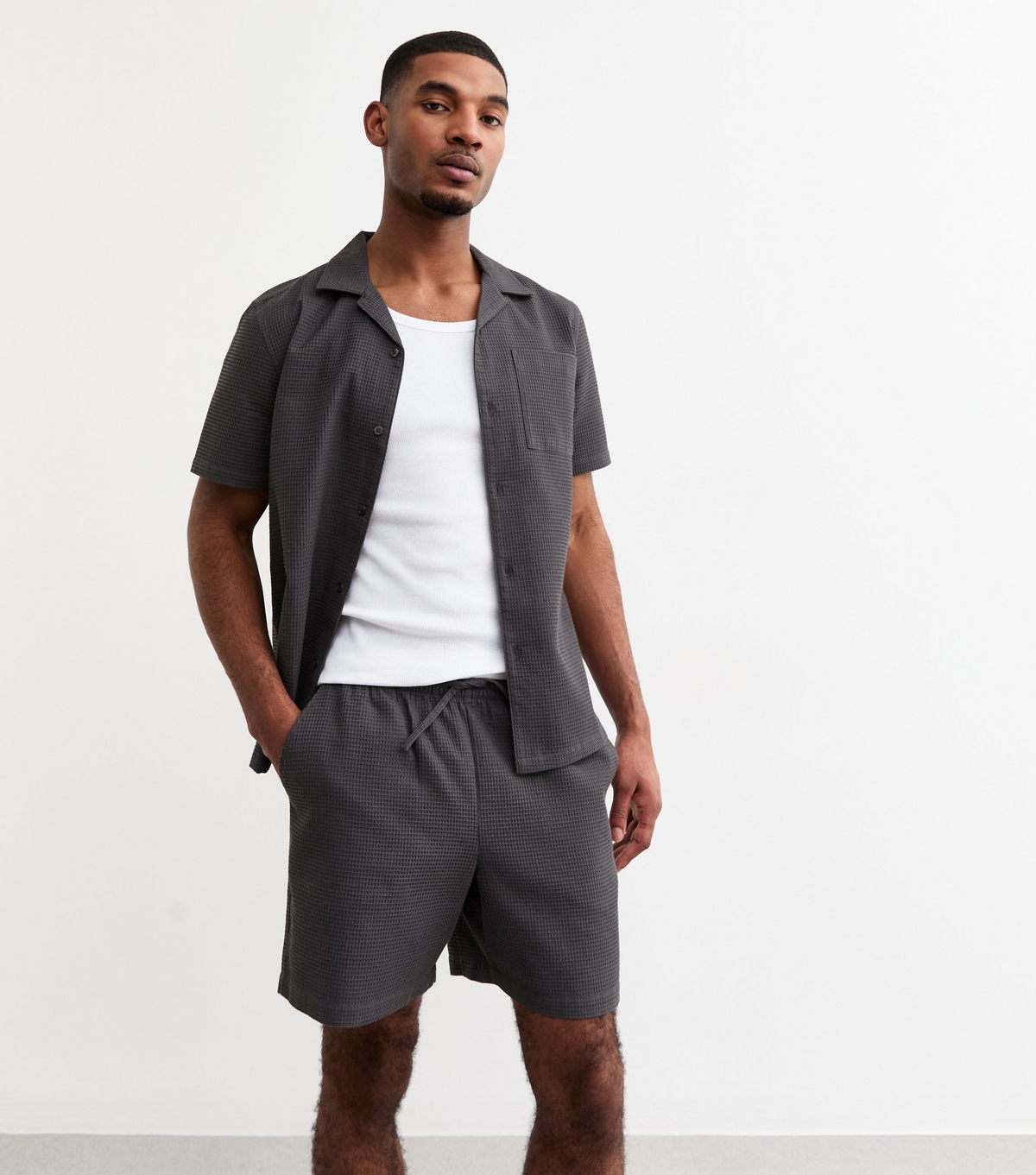 Men's Dark Grey Regular Waffle Texture Shorts New Look