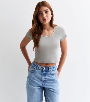 Girls Grey Scoop Neck Cropped Tee