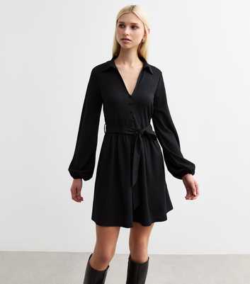 Black Crinkled Long Sleeve Mini Dress