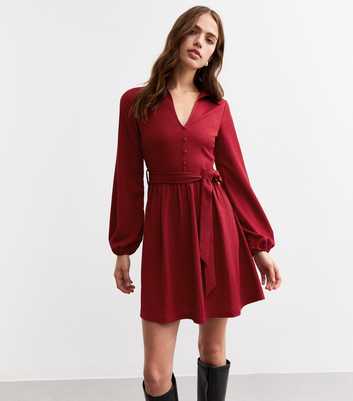 Burgundy Crinkled Long Sleeve Mini Dress