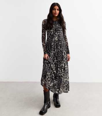 Black Animal Print Long Sleeve Mesh Midi Dress