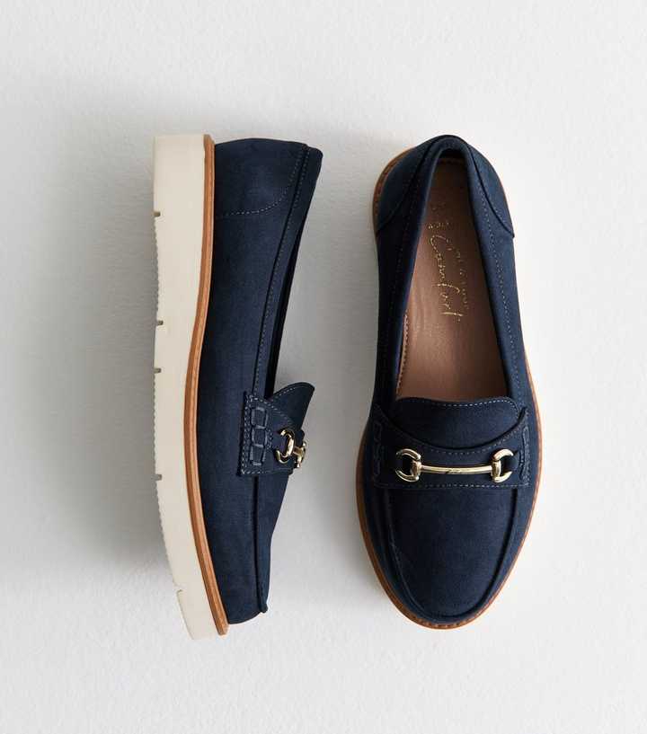 Wide Fit Navy Faux Suede Snaffle Detail Loafers