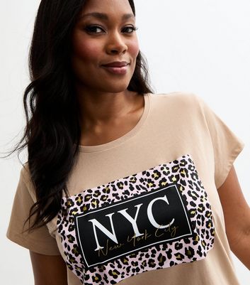 Curves Pale Pink NYC Leopard Print Jersey T Shirt New Look