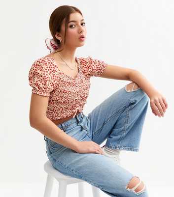 Girls Red Ruched Front Floral Print Crop Top