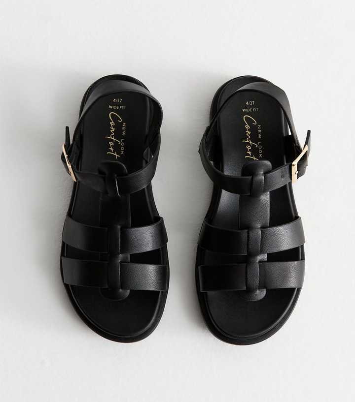 Wide Fit Black Multi Strap Faux Leather Sandals