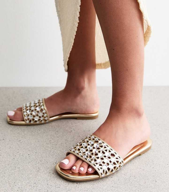 Wide Fit Gold Faux Leather Diamante Embellished Sandals