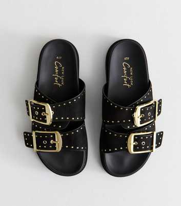 Black Faux Leather Studded Buckled Strap Sandals