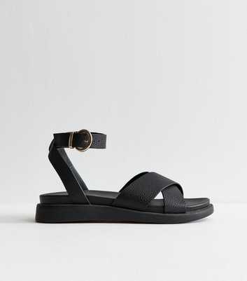 Wide Fit Black Faux Leather Crossover Strap Sandals