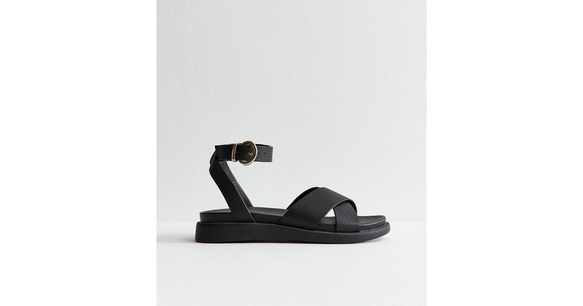Wide Fit Black Faux Leather Crossover Strap Sandals | New Look