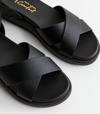 Wide Fit Black Faux Leather Crossover Strap Sandals | New Look