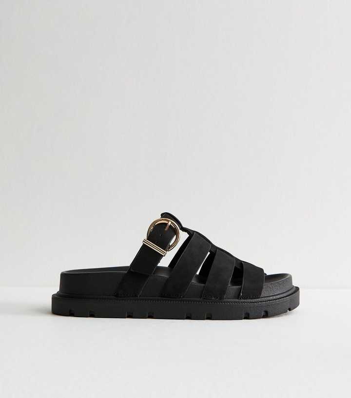 Black Faux Suede Gladiator Mule Sandals