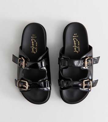 Wide Fit Black Faux Leather Buckled Strap Sandals