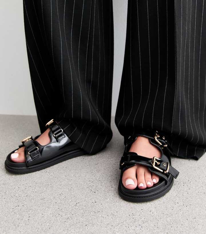 Wide Fit Black Faux Leather Buckled Strap Sandals | New Look