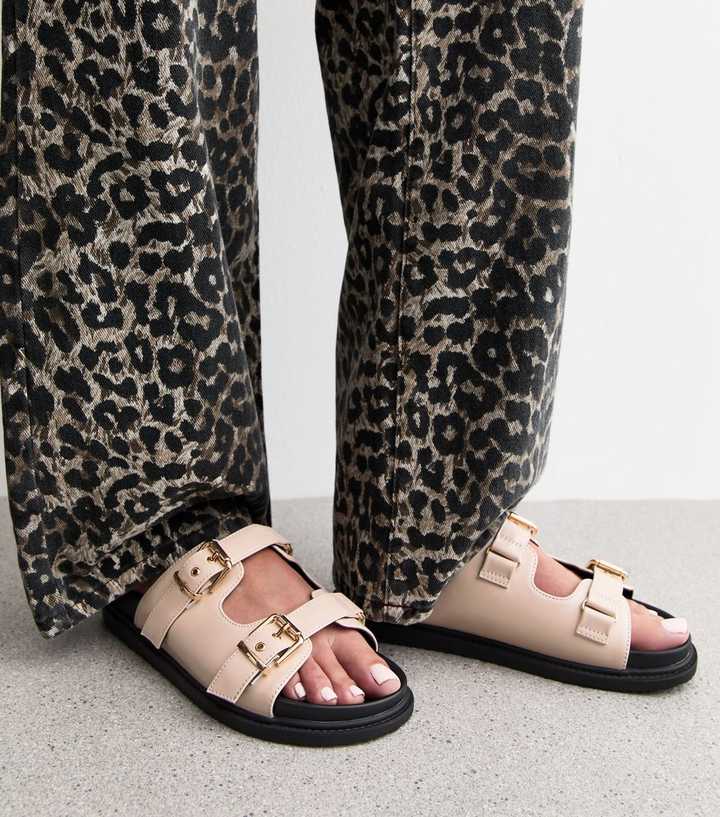 Wide Fit Off White Faux Leather Buckled Strap Sandals