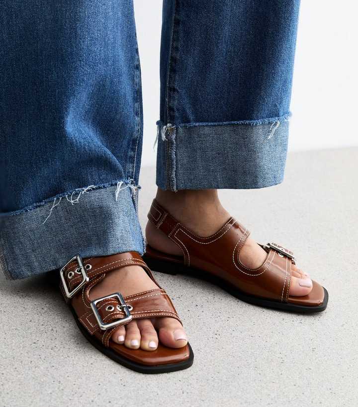 Brown Faux Leather Contrast Stitch Slingback Sandals