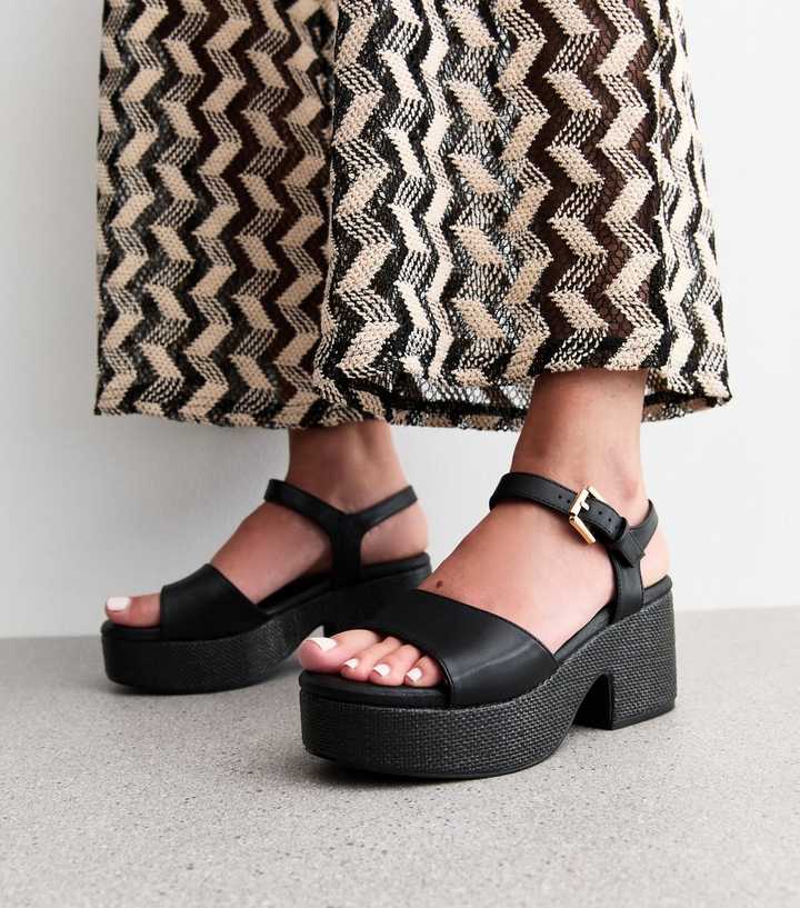 Wide Fit Black Raffia Platform Sole Sandals | New Look