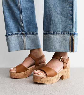 Wide Fit Tan Brown Raffia Platform Sole Sandals