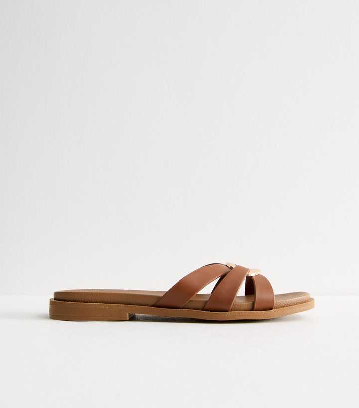 Tan Brown Multi Strap Flat Sandals
