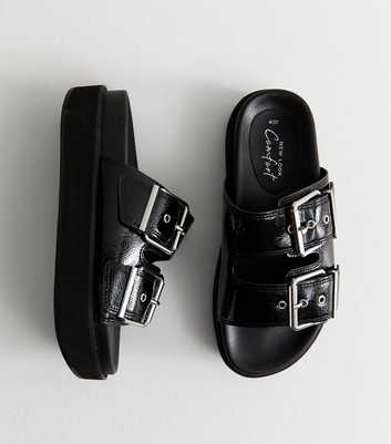 Black Buckled Strap Faux Leather Sandals