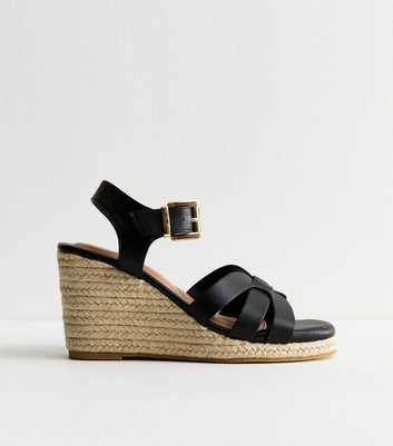 Wide Fit Black Multi Strap Faux Leather Wedge Sandals