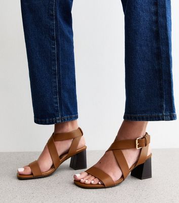 Wide Fit Tan Faux Leather Crossover Strap Heeled Sandals | New Look