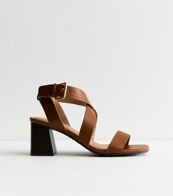 Wide Fit Tan Faux Leather Crossover Strap Heeled Sandals New