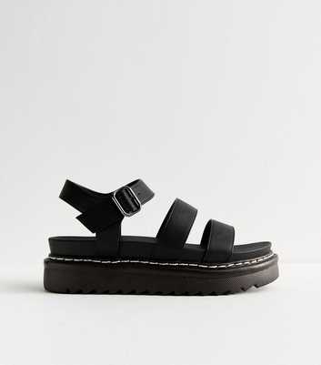 Black Contrast Stitch Faux Leather Flatform Sandals