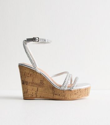Silver Diamanté Strap Wedge Sandals | New Look