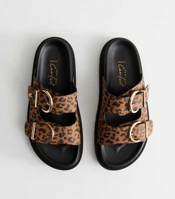 Wide Fit Stone Faux Leather Leopard Print Buckle Strap Sandals