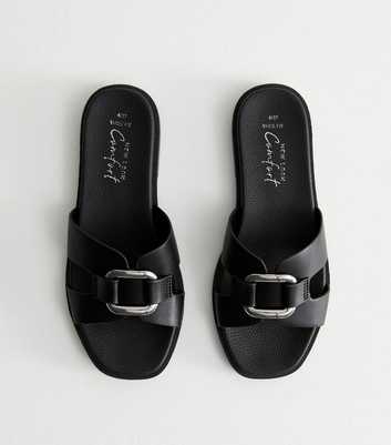 Wide Fit Black Faux Leather Mule Sandals