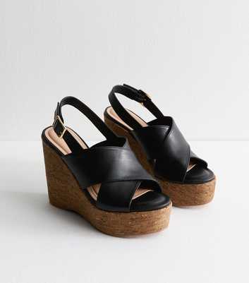 Black Faux Leather Cork Wedge Sandals