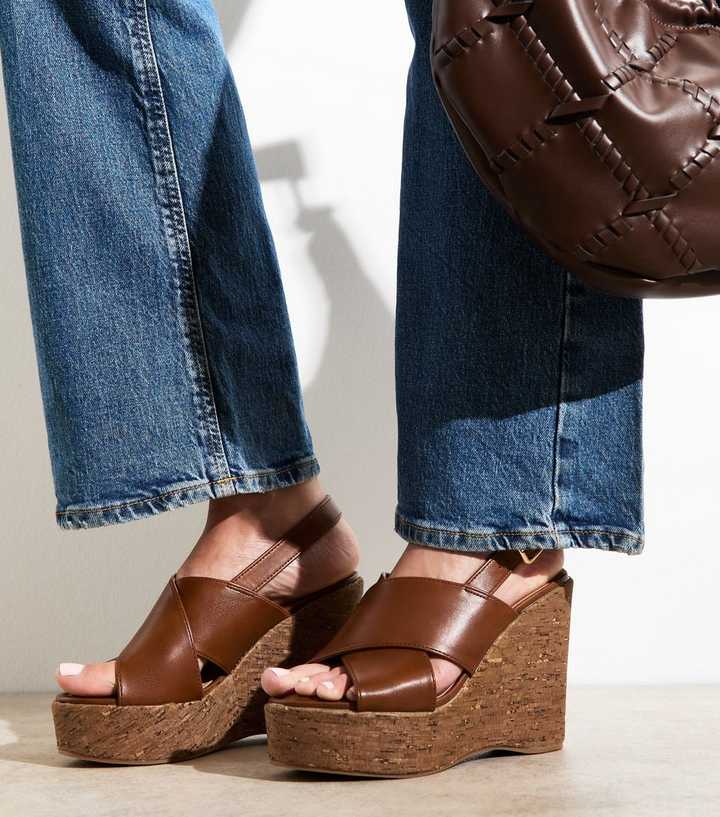 Brown Faux Leather Cork Wedge Sandals