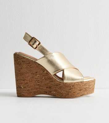 Gold Faux Leather Cork Wedge Sandals