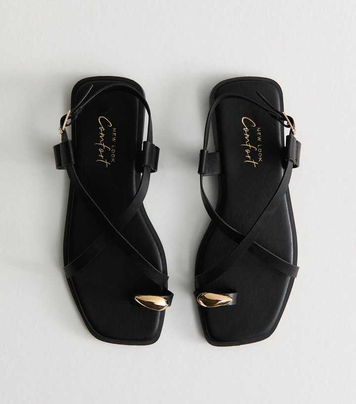 Black Crossover Strap Faux Leather Sandals