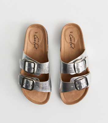 Silver Metallic Faux Leather Bucked Strap Sandals