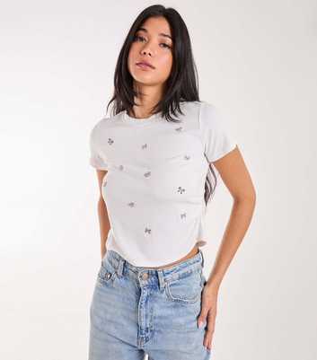 Pink Vanilla Off White Ribbed Bow Embellished T-Shirt