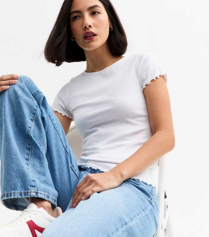 White Ribbed Lettuce Trim T-Shirt