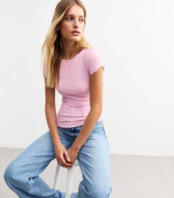 Pink Ribbed Lettuce Trim T-Shirt