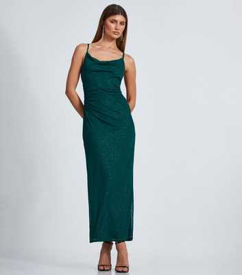 QUIZ Green Glitter Cowl Neck Maxi Dress