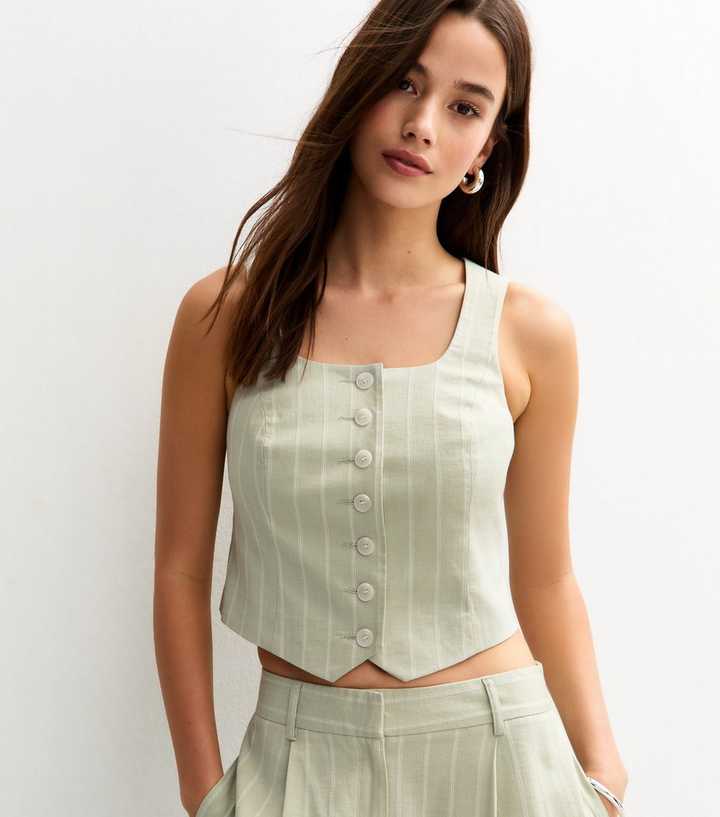 Green Striped Button Front Scoop Neck Waistcoat