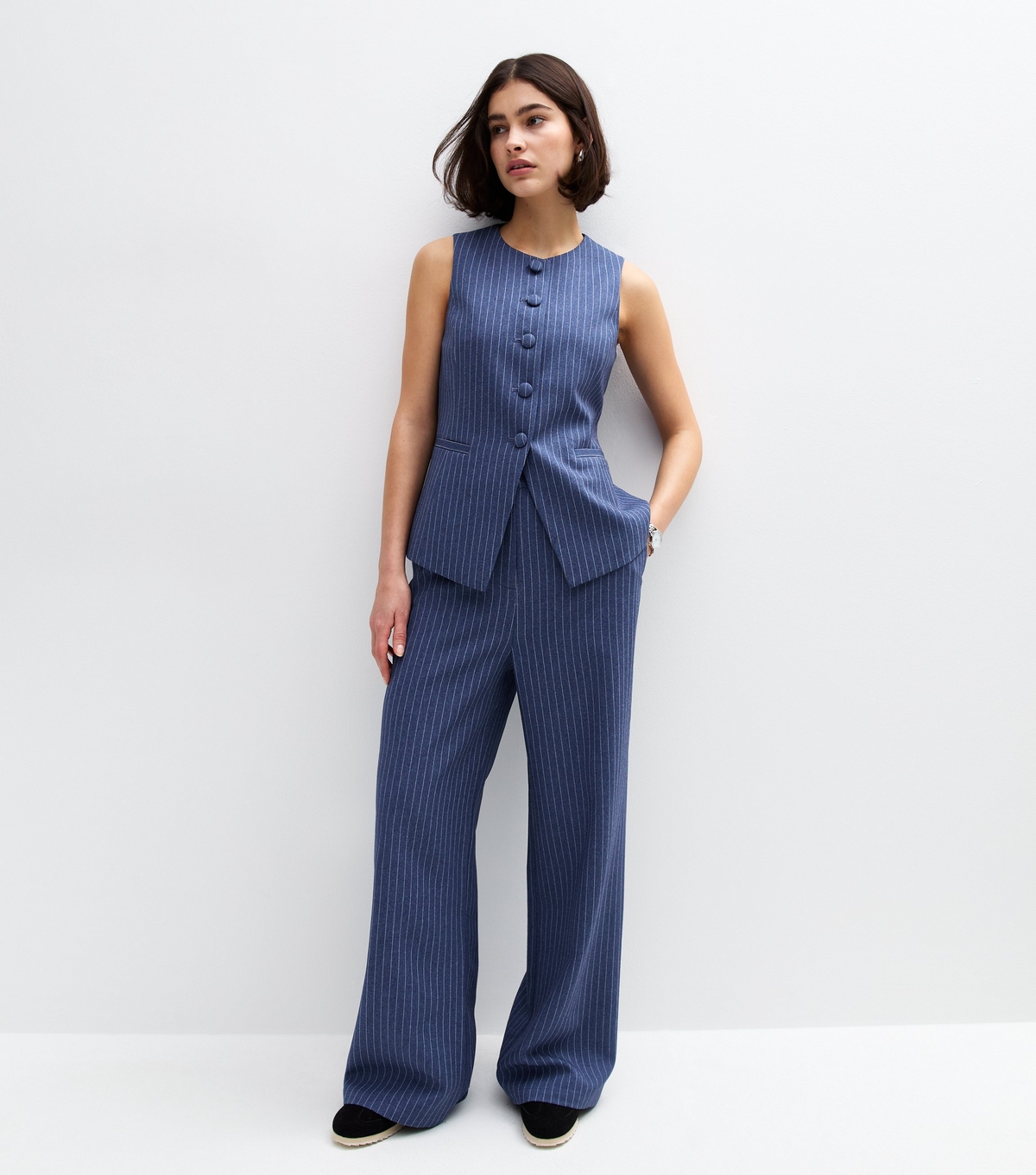 Women's Blue Tailored Pinstripe Wide Leg Trousers New Look