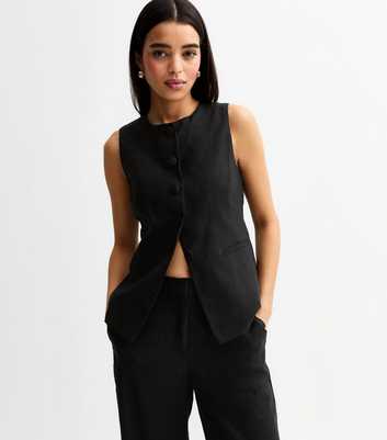 Black Crew Neck Linen Blend Waistcoat