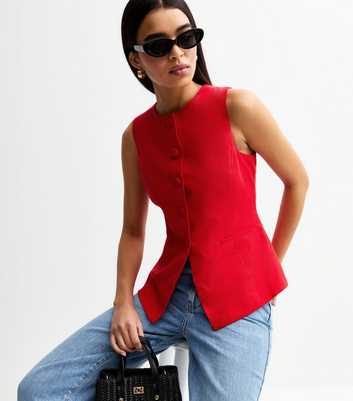 Red Crew Neck Linen Blend Waistcoat
