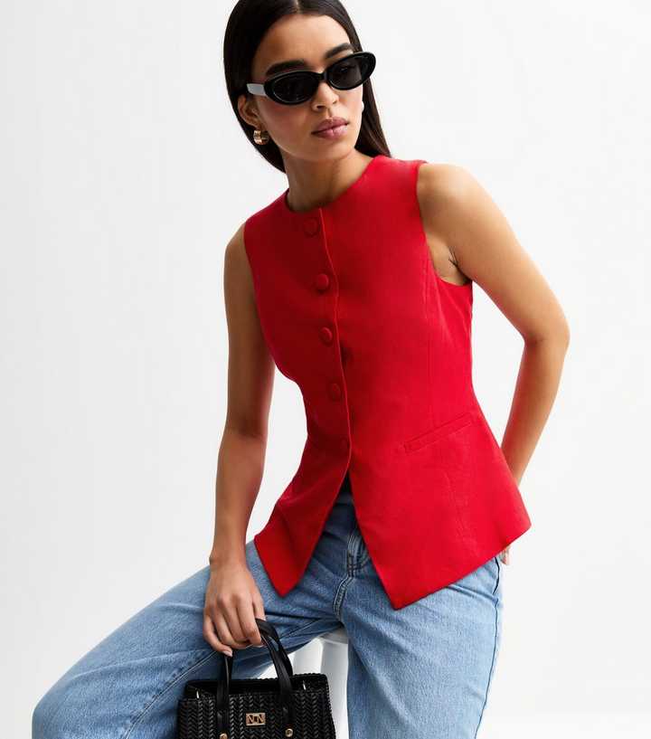 Red Crew Neck Linen Blend Waistcoat