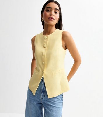 Light Yellow Crew Neck Linen Blend Waistcoat