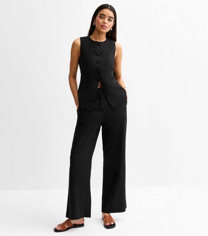 Black Linen Blend Wide Leg Trousers
